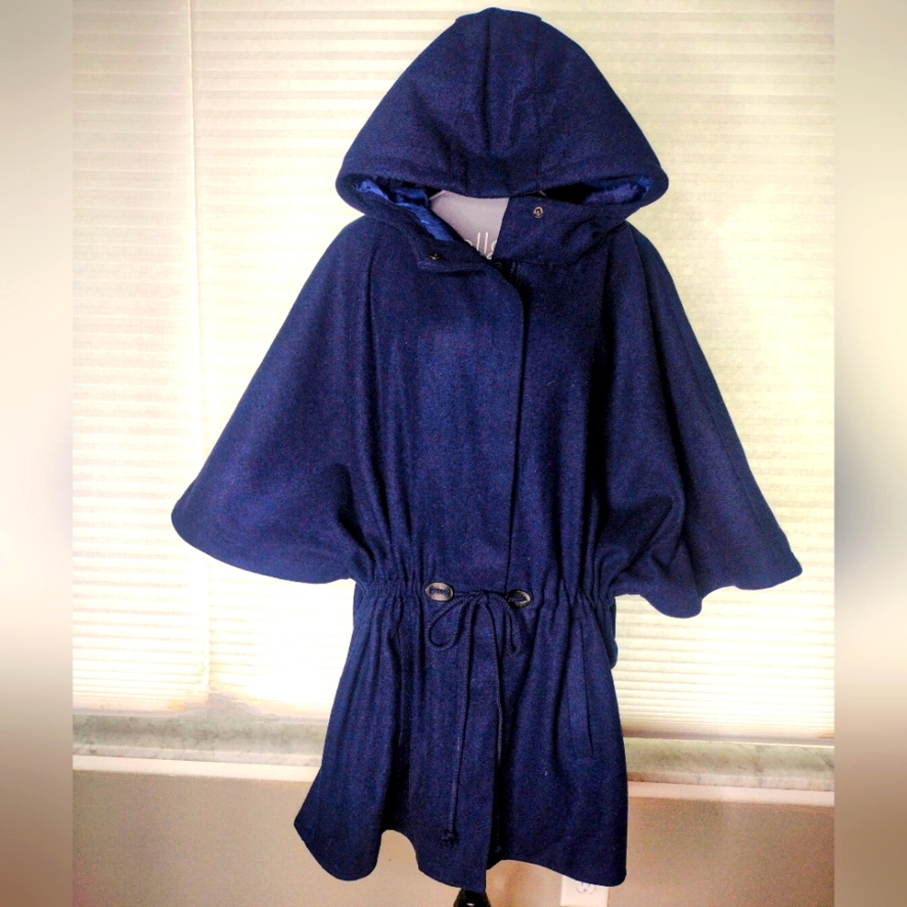 Sporto Wool Blend Hooded Full Zip Poncho Cape Coat Jacket Navy Missy Large